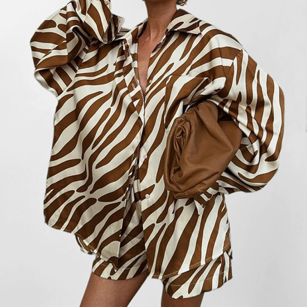 ZARA Summer Printed Shirt Fashion Casual Loose Shorts Set